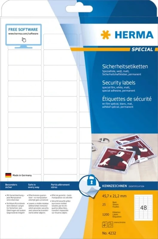 HERMA Security Labels A4 45.7x21.2 mm White Extra Strong Adhesion Film matt 1200 pcs.