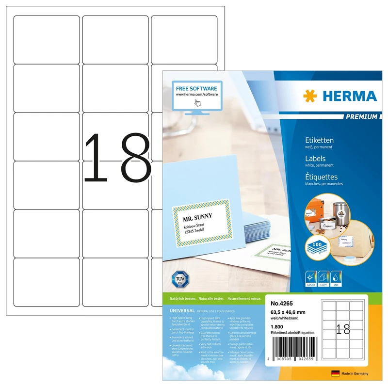 Herma Multi Function Labels White 4265, A4, 100 Sheets, 18 per sheet, 63.5x46.6 SuperPrint 1800 pcs. - Image 1