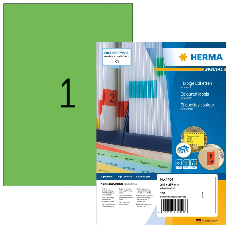 HERMA Self Adhesive Coloured Labels, 1 Label per A4 Sheet, 100 Sheets, 210 x 297 mm, 100 Labels, Blank Colour Labels Stickers, Sticky Labels for Laser & Inkjet Printer, Green