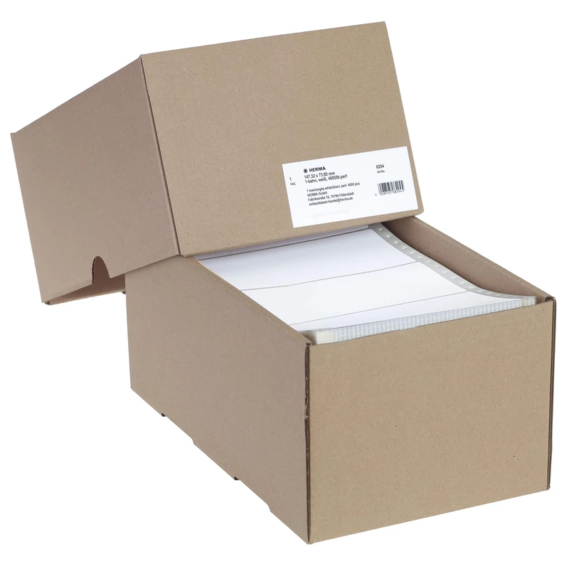 HERMA Perforated Continuous Computer Labels, 147.32 x 73.8 mm, Single-Track, 4000 Pieces, Self-Adhesive, Continuous Labels with Guide Hole Edge, Matte, Blank Paper Computer Labels, White