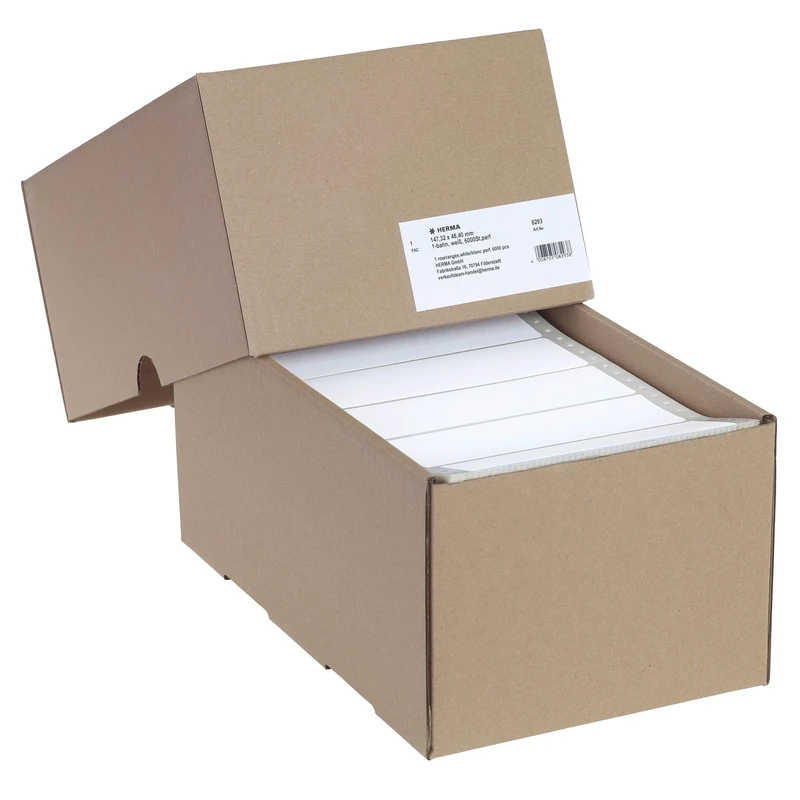 HERMA Perforated Continuous Computer Labels, 147.32 x 48.4 mm, Single-Track, 6000 Pieces, Self-Adhesive, Continuous Labels with Guide Hole Edge, Matte, Blank Paper Computer Labels, White
