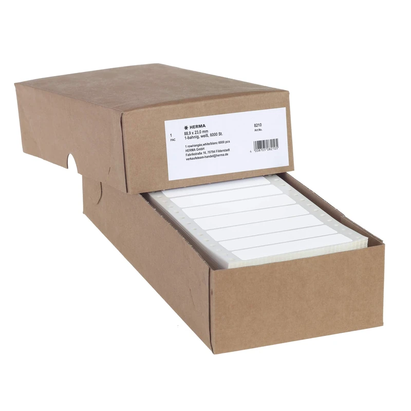 HERMA Continuous Computer Labels, 88.9 x 23.0 mm, Single-Track, 6000 Pieces, Self-Adhesive, Continuous Labels with Guide Hole Edge, Matte, Blank Paper Computer Labels, White