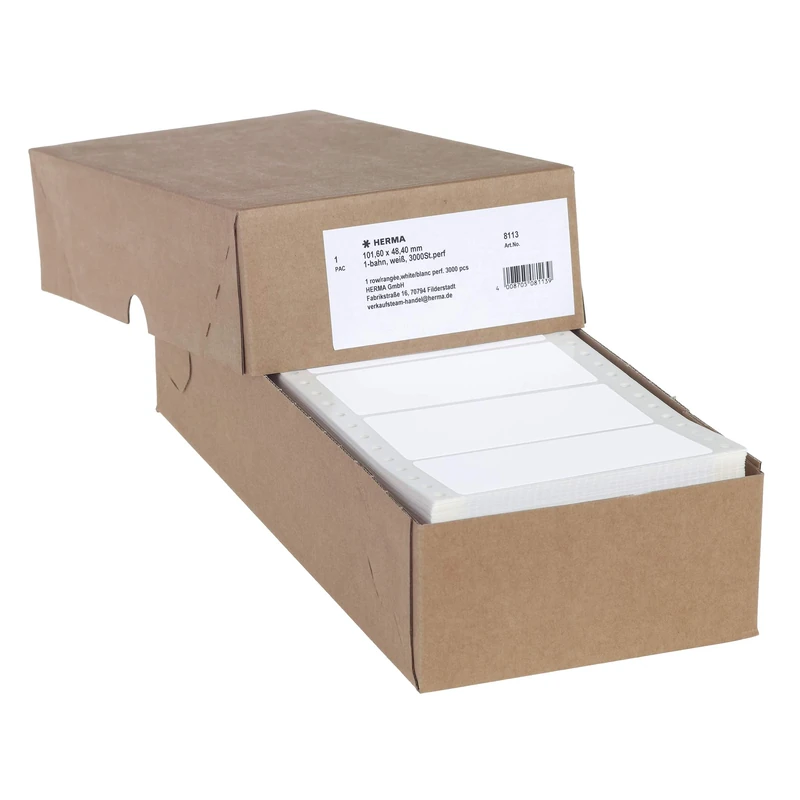 HERMA Perforated Continuous Computer Labels, 101.6 x 48.4 mm, Single-Track, 3000 Pieces, Self-Adhesive, Continuous Labels with Guide Hole Edge, Matte, Blank Paper Computer Labels, White