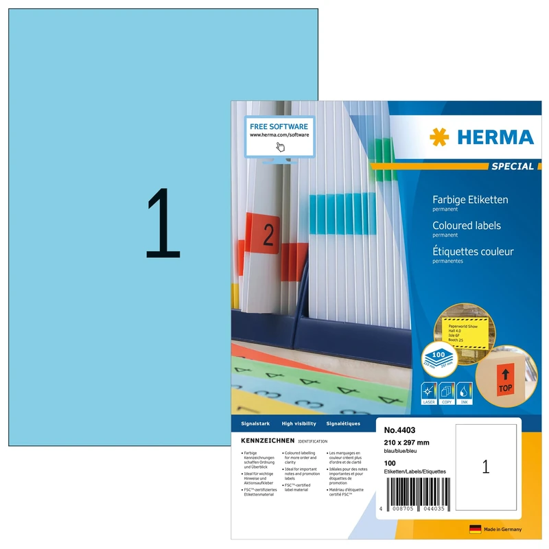HERMA Self Adhesive Coloured Labels, 1 Label per A4 Sheet, 100 Sheets, 210 x 297 mm, 100 Labels, Blank Colour Labels Stickers, Sticky Labels for Laser & Inkjet Printer, Blue