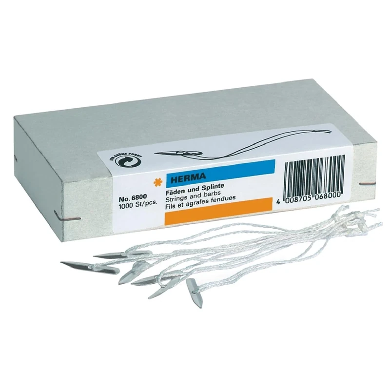 HERMA 6800 Threads and Cotter Pins (Thread Length Approx. 8 cm) for Hanging Tags, Goods Tags, Price Labels, 1,000 Double Threads Knotted with Metal Cotter Pin, White/Silver