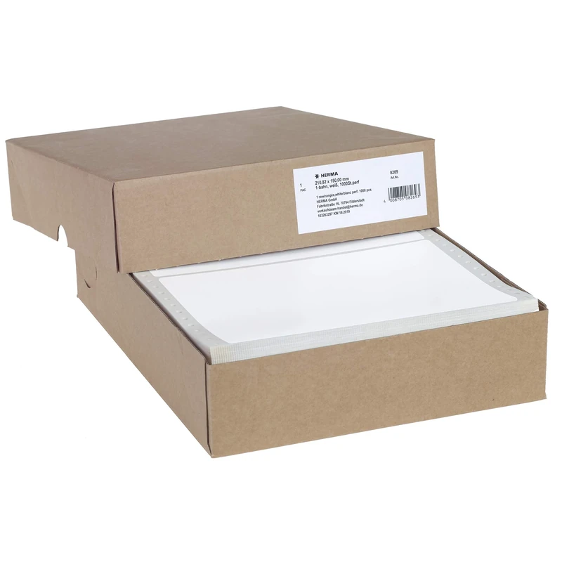 HERMA Perforated Continuous Computer Labels, 210.82 x 150.0 mm, Single-Track, 1000 Pieces, Self-Adhesive, Continuous Labels with Guide Hole Edge, Matte, Blank Paper Computer Labels, White