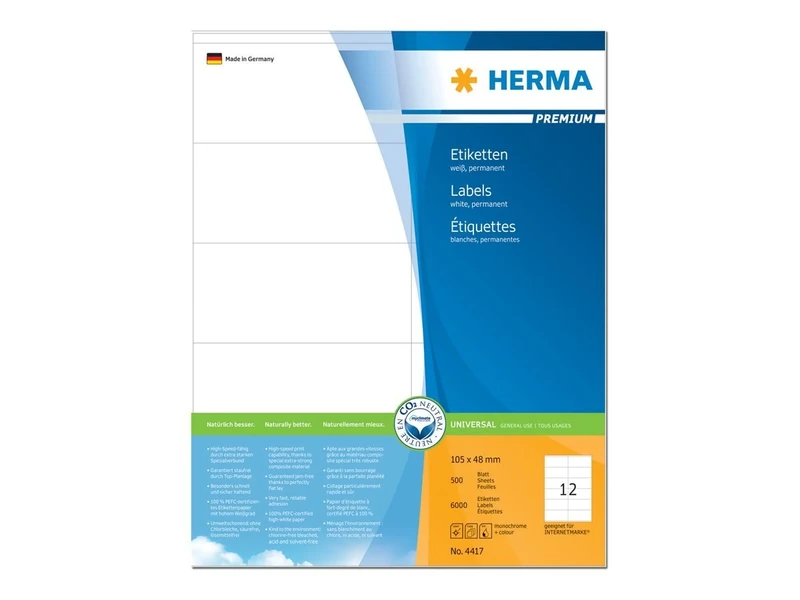 HERMA Self Adhesive Multipurpose Labels, 12 Labels per A4 Sheet, 500 Sheets, 105 x 48 mm, 6000 Labels, Blank Universal Labels Stickers, Sticky Labels for Laser & Inkjet Printer, White