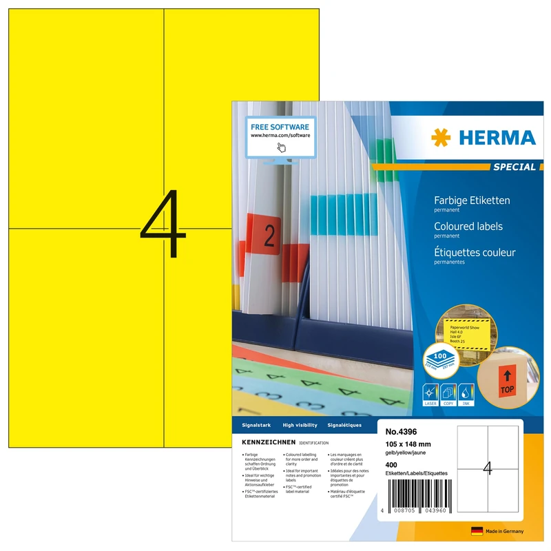 HERMA Self Adhesive Coloured Labels, 4 Labels per A4 Sheet, 100 Sheets, 105 x 148 mm, 400 Labels, Blank Colour Labels Stickers, Sticky Labels for Laser & Inkjet Printer, Yellow - Image 1
