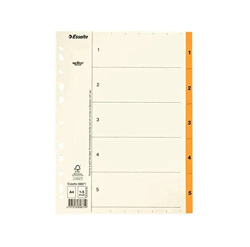 Esselte Index Paper Numeric Mylar, Size A4, Type 1 – 5, Orange, 69871