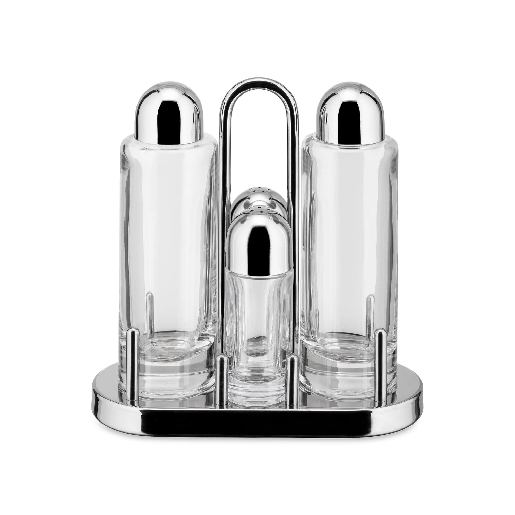 Alessi | 5070 - Design Condiment Set for Oil, Vinegar, Salt and Pepper in 18/10 Stainless Steel and Crystalline Glass, Silver