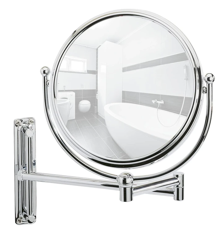 WENKO Wall-mounted cosmetic mirror Deluxe - height-adjustable, swivel function, reflecting surface ø 19 cm 500 % magnifying effect, Steel, 23 x 28.5 x 33 cm, Chrome