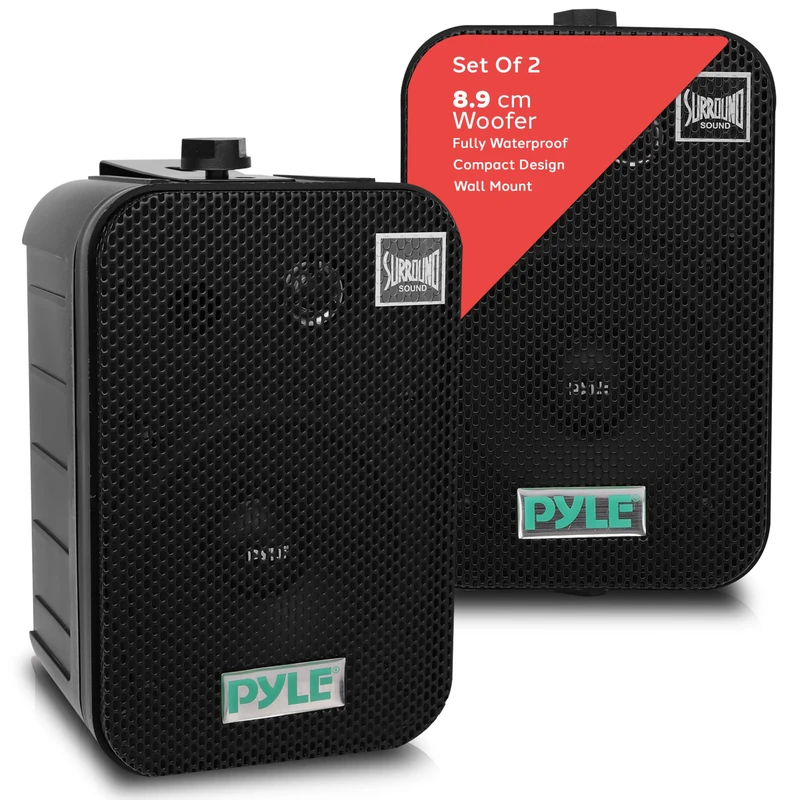 Pyle Dual Waterproof Outdoor Speaker System, 9cm Pair of Weatherproof Wall / Ceiling Mounted Speakers w/ Heavy Duty Grill, Universal Mount - For Use in the Pool, Patio, Indoor (Black)