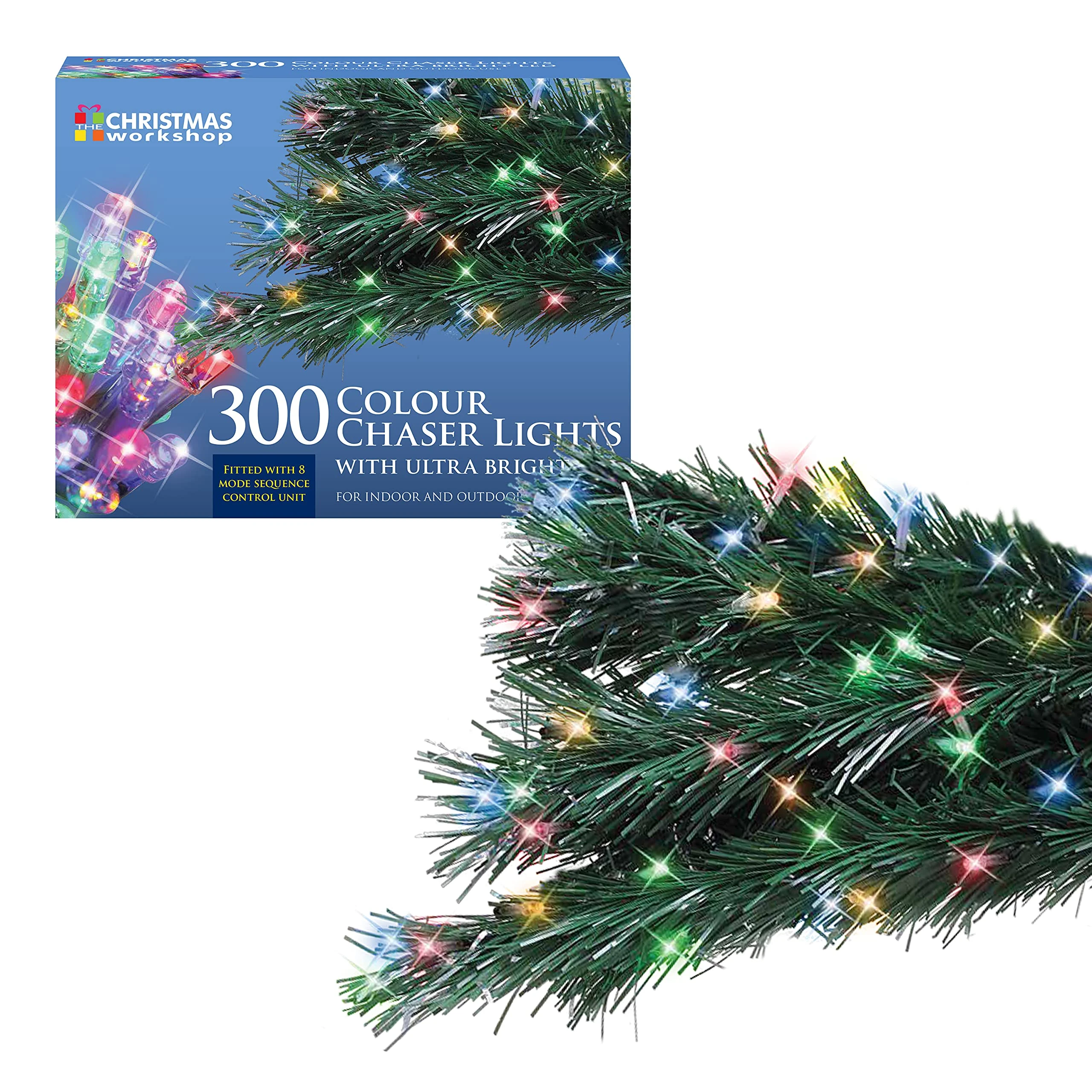 The Christmas Workshop 77670 300 Multi-Coloured LED Chaser Christmas Lights/Indoor or Outdoor Fairy Lights / 20.9 Metres / 8 Light Modes/Great for Christmas, Weddings & Gardens
