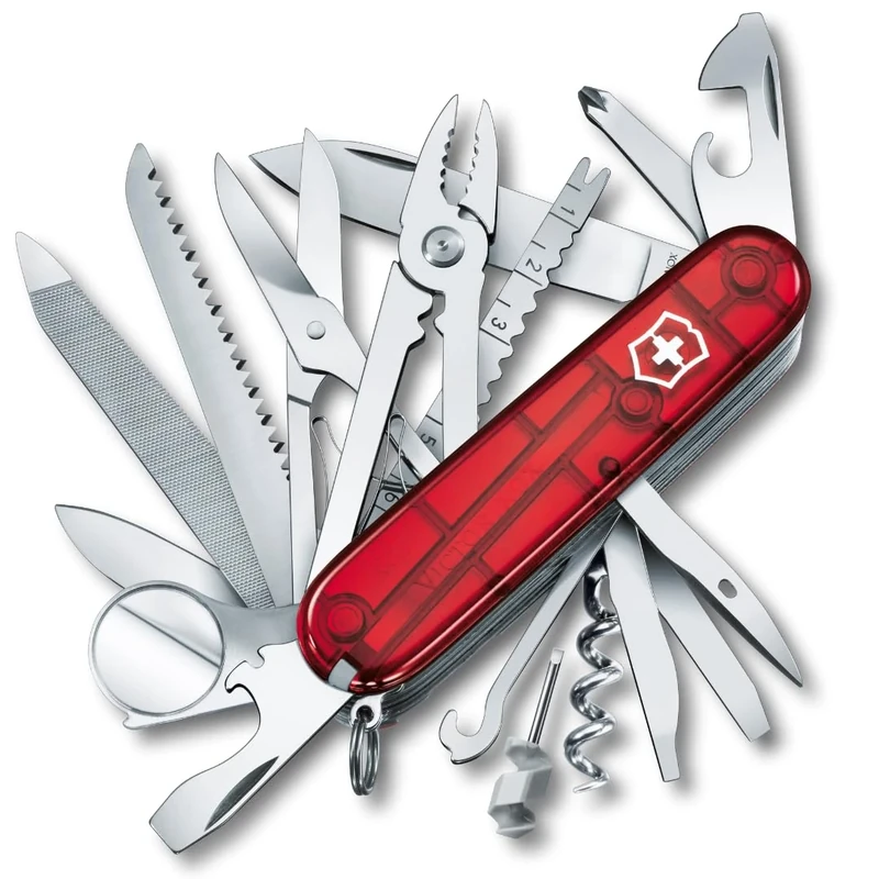 Victorinox Swiss Champ Swiss Army Knife, Medium, Multi Tool, 33 Functions, Blade, Scissors, Red Transparent