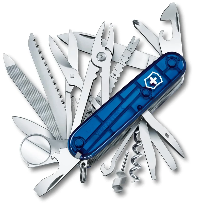 Victorinox Swiss Champ Swiss Army Knife, Medium, Multi Tool, 33 Functions, Blade, Scissors, Blue Transparent