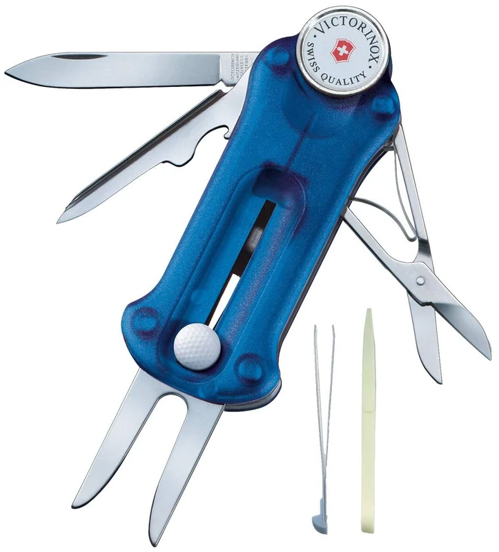 Victorinox Golf Tool, Swiss Made Pocket Multi Tool, 10 Functions, Ballmarker, Repair Tool, Blue Transparent