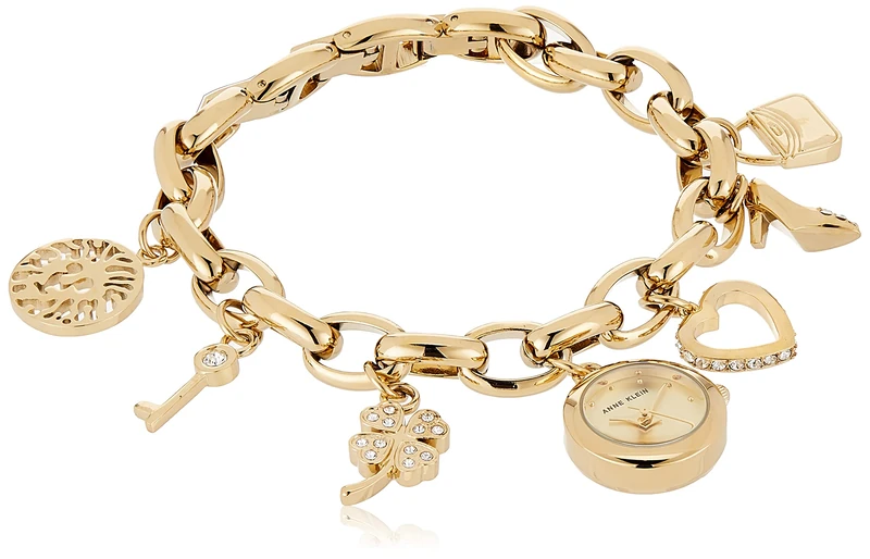 Anne Klein Women's Premium Crystal Accented Gold-Tone Charm Bracelet Watch, 10/7604CHRM - Image 1
