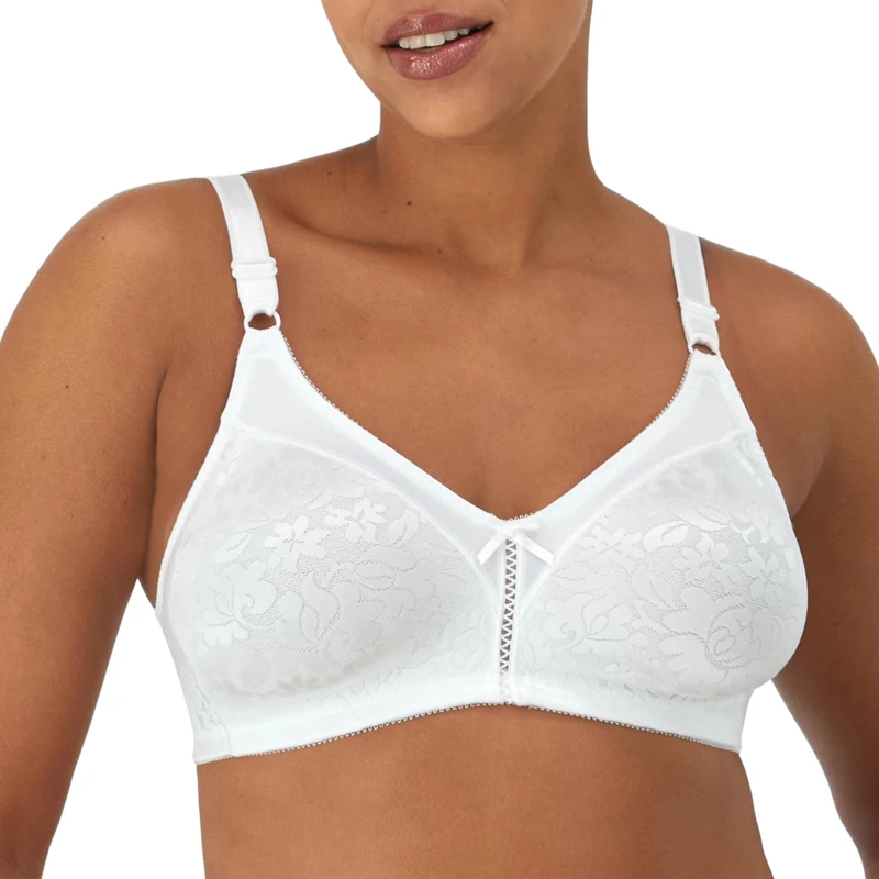 Bali Double Support Wireless Bra, Lace Bra with Stay-in-Place Straps, Full-Coverage Wirefree Bra, Tagless for Everyday Wear, White, 42D