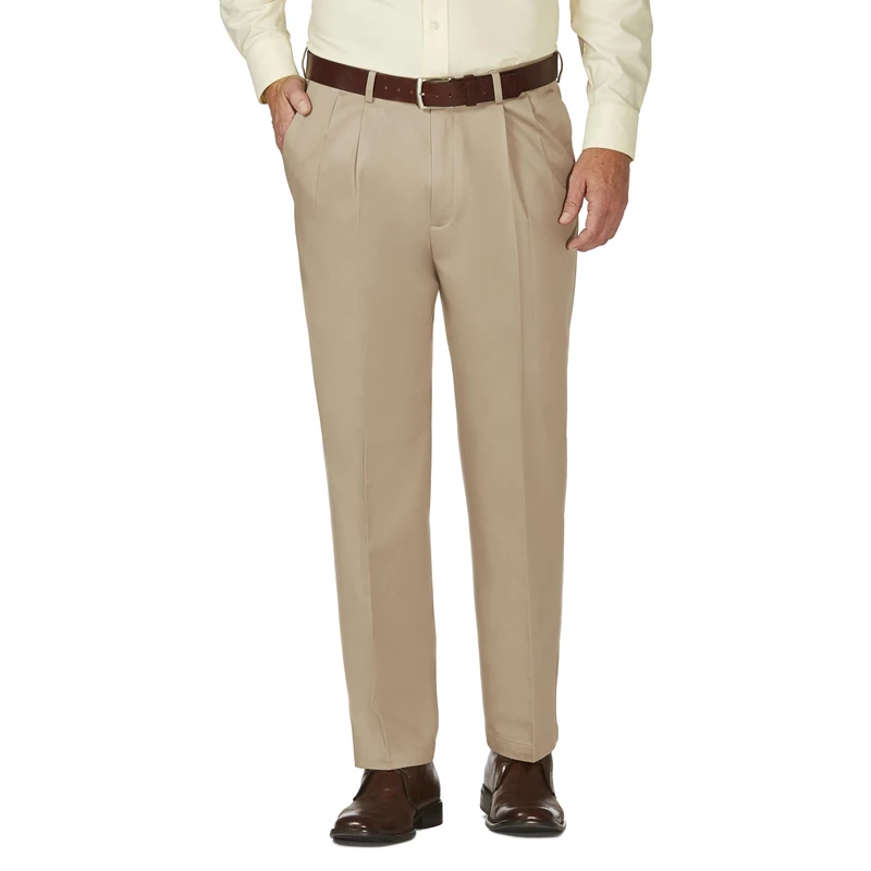 Haggar Men's Work to Weekend Classic Fit Pleat Regular and Big and Tall Sizes, Khaki, 34W / 34L