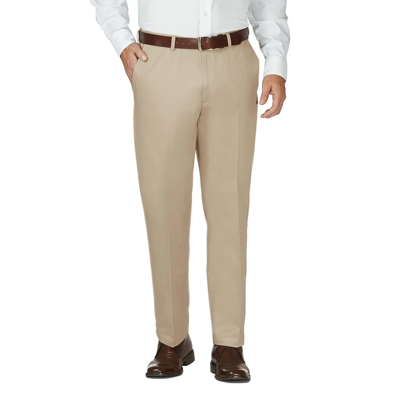 Haggar Men's Work to Weekend Hidden Expandable Waist No Iron Flat Front Pant, Khaki, 40W x 30L