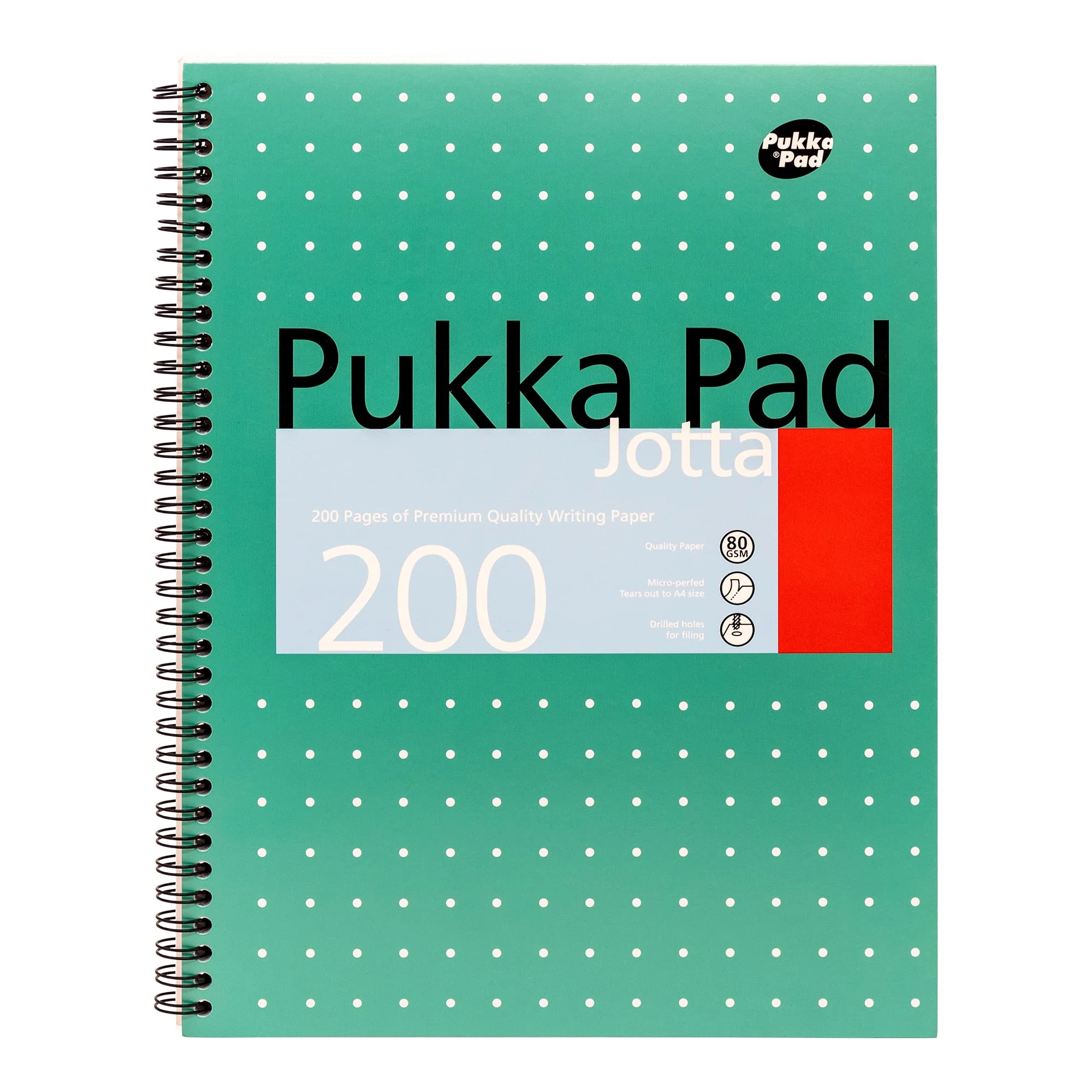 Pukka Pad, A4+ Metallic Jotta Book 1 Pack –22.5 x 29.6cm–Wirebound Notebook with 8mm Lines and 80GSM Paper –Features 4-Hole Punch Margins and Perforated Edges -200 Pages, Green