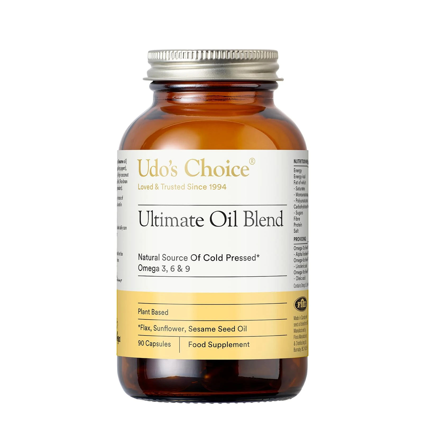 Udo's Choice Ultimate Oil Blend Capsules – Vegan Omega 3 6 9 from Cold-Pressed Plant Oils – Flaxseed, Evening Primrose, Sunflower – Heart, Brain, Skin, Hormone Support – 90 Capsules – 45 Servings