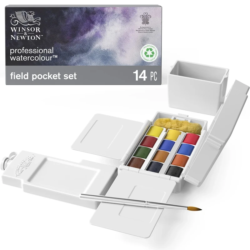 Winsor & Newton, Professional Watercolour Field Box, 12 x Half Pans PLUS 1 x Travel Brush + Artists' Sponge + 35ml bottle + Water Container