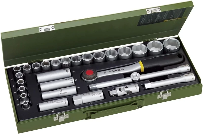 Proxxon 23000 Socket Set, Silver/Green, 1/2-Inch, Set of 29 Pieces