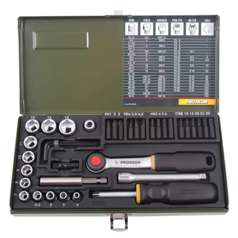 Proxxon 23070 Socket Set, 0 V, Multi-Colour, 1/4-Inch, Set of 39 Piece