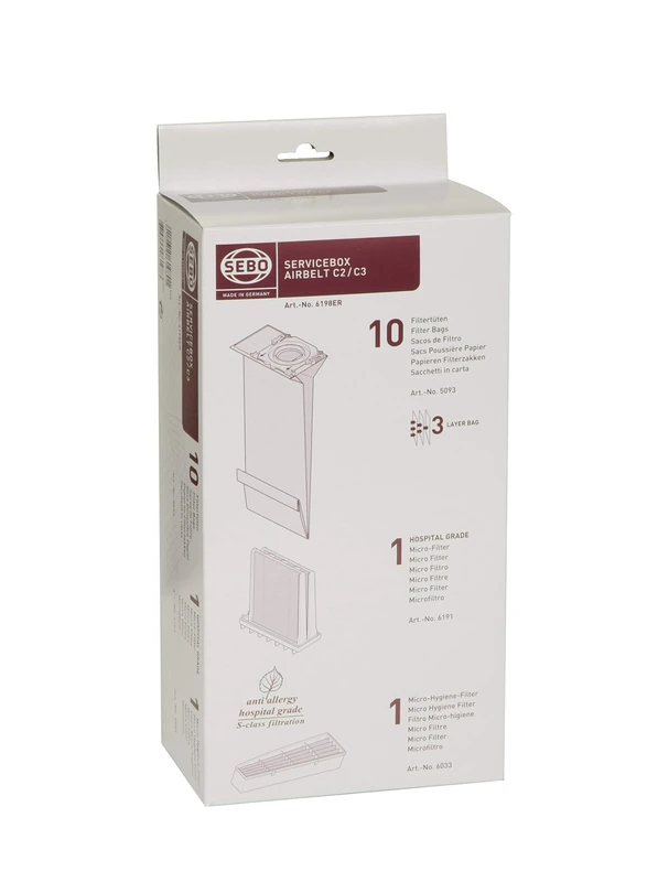 Sebo 6198ER Service-Box for Airbelt C2/ C2.1/ C3/ C3.1 includes 10 Filter Bags 3 Layer 1 Hospital Grade Filter and 1 Micro Hygiene Filter