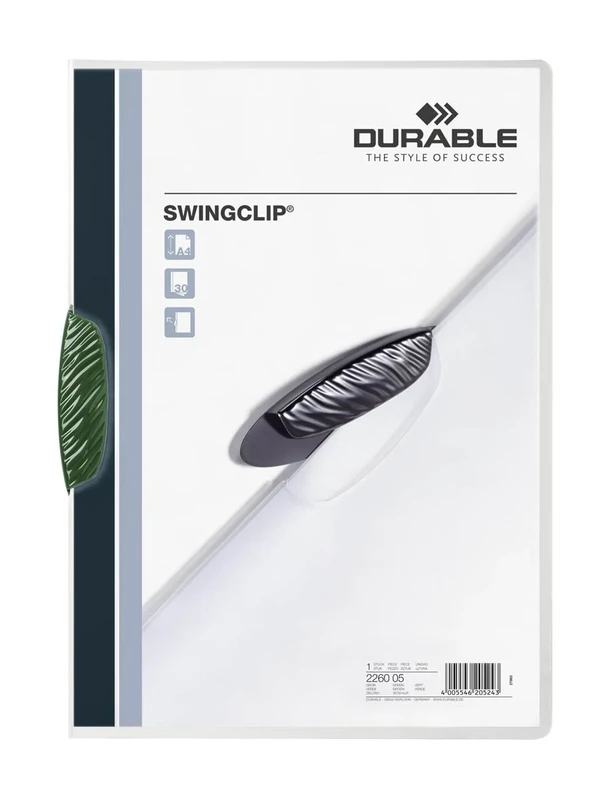 Durable 226005 Clip Folder SwingClip made of PP, Up to 30 Sheets A4, Green, Pack of 25