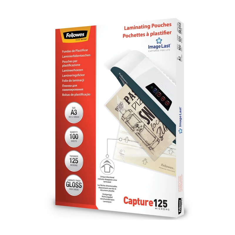 Fellowes A3 Laminating Pouches, Gloss Finish, 100 Sheets, 250 Micron (2x125) Clear & Durable Laminating Pouch with Image Last Directional Mark - Ideal for Photos, Notices, Creatives, Certificates