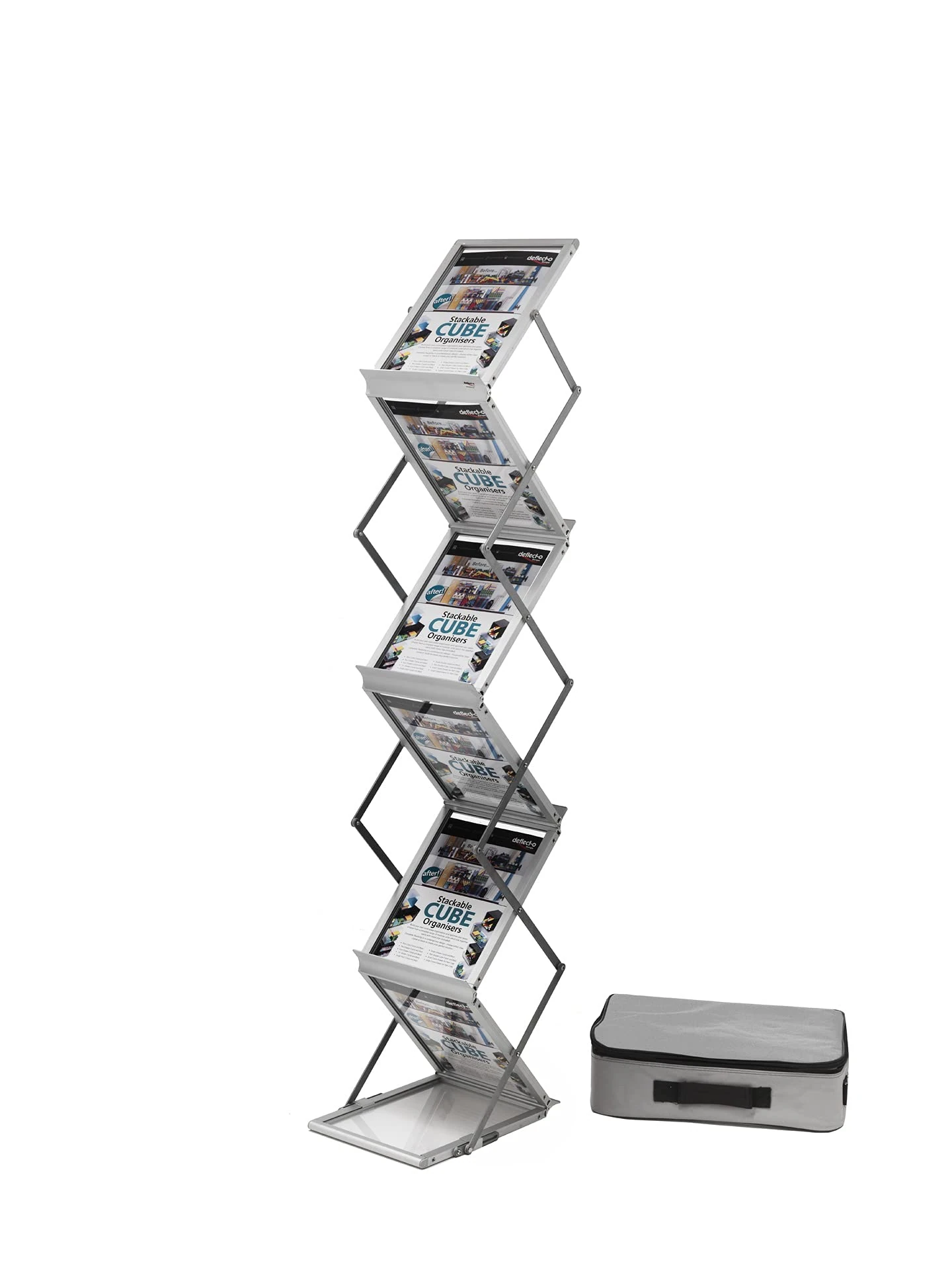 Deflecto Foldable A4 Literature Display Stand Portrait - 6 Shelf for Exhibition, Brochure, Magazine File Holder - Lightweight Aluminum Frame with Bag, Silver