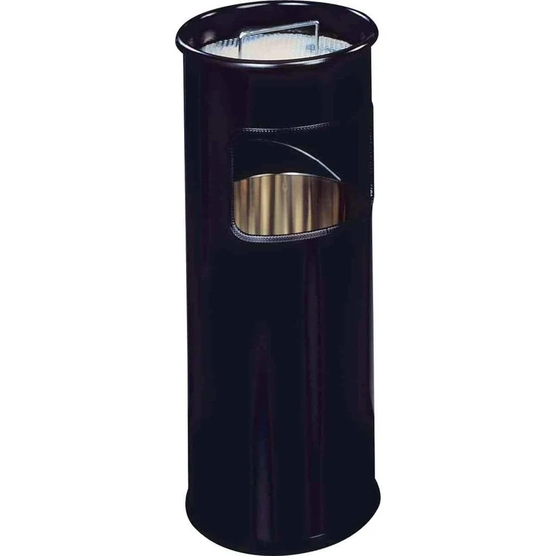 Durable Round Metal Waste Bin with Integrated Sand Ashtray - 17 Litre Capacity - Black - Perfect for Use in Smoking Areas