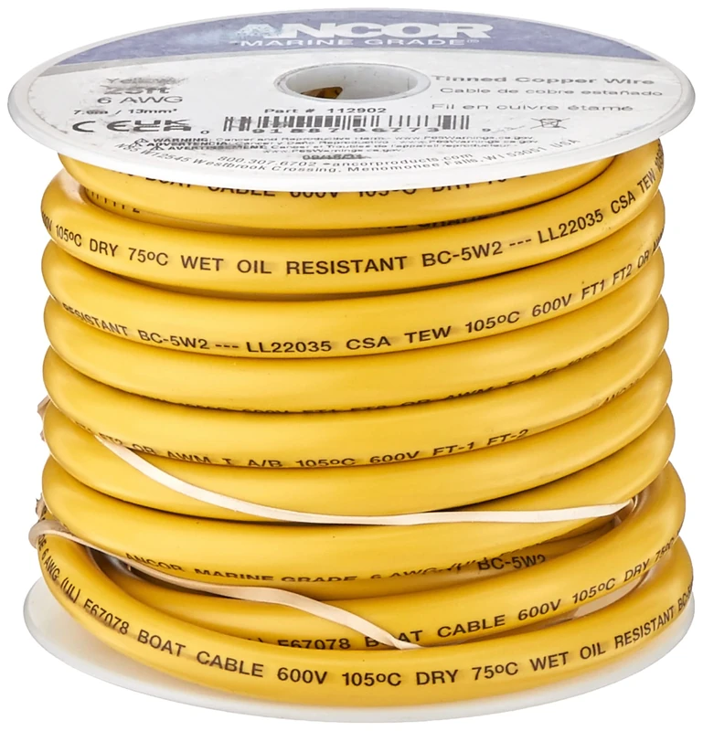 Ancor 112902 Marine Grade Electrical Tinned Copper Battery Cable (6-Gauge, Yellow, 25-Feet)