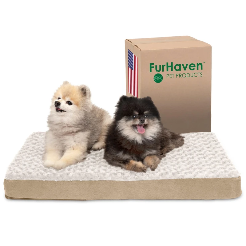 FurHaven Cooling Gel Dog Bed for Medium/Small Dogs w/Removable Washable Cover, For Dogs Up to 35 lbs - Ultra Plush Faux Fur & Suede Mattress - Cream, Medium