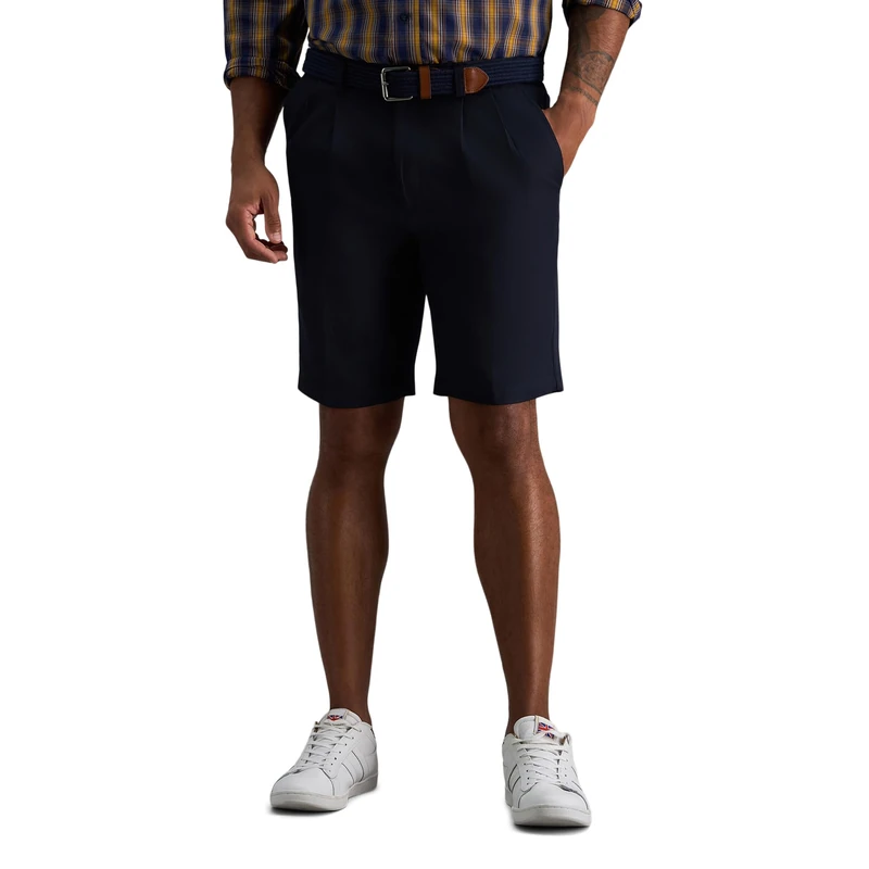 Haggar Men's Cool 18 Pleat Front Expandable Waist Short Casual, Navy, 36