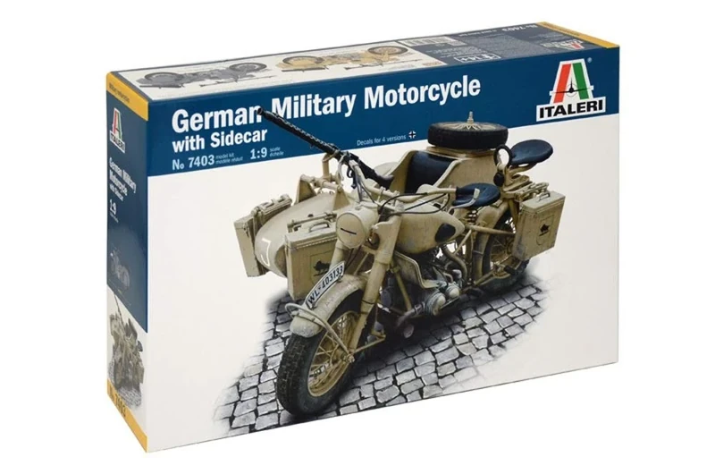 Italeri 7403 German Military Motorcycle with Side car, Scale 1:9. Plastic Model Kit