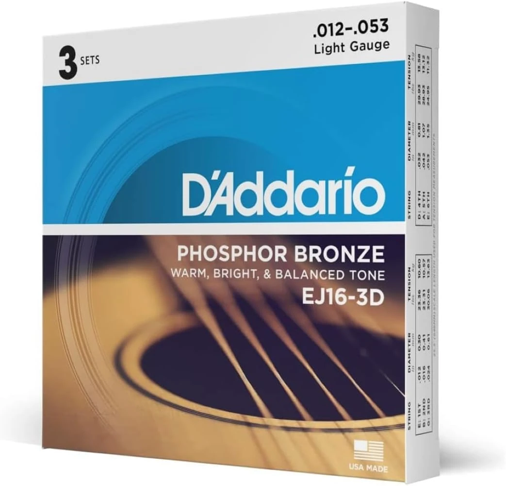 D'Addario Guitar Strings - Phosphor Bronze Acoustic Guitar Strings - EJ16-3D - Rich, Full Tonal Spectrum - For 6 String Guitars - 12-53 Light, 3-Pack