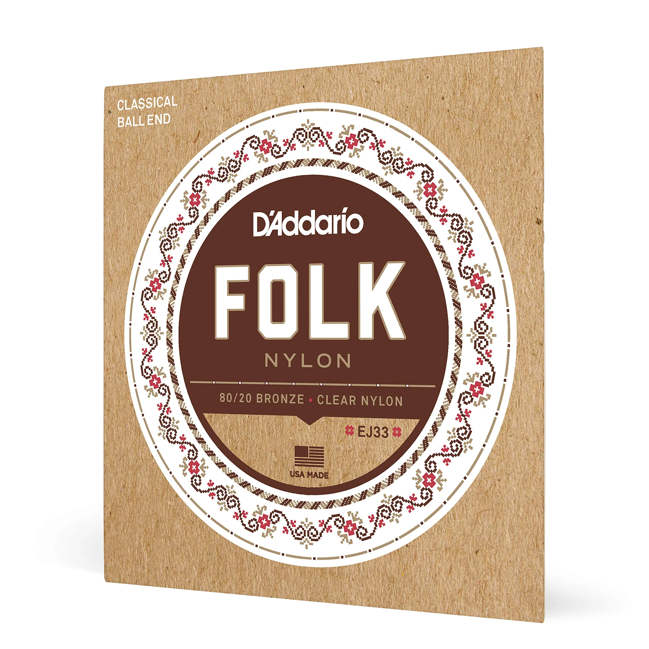 D'Addario Folk Nylon Classical Guitar Ball End String Set, Nylon, EJ33 Clear Trebles 80/20 Bronze Basses