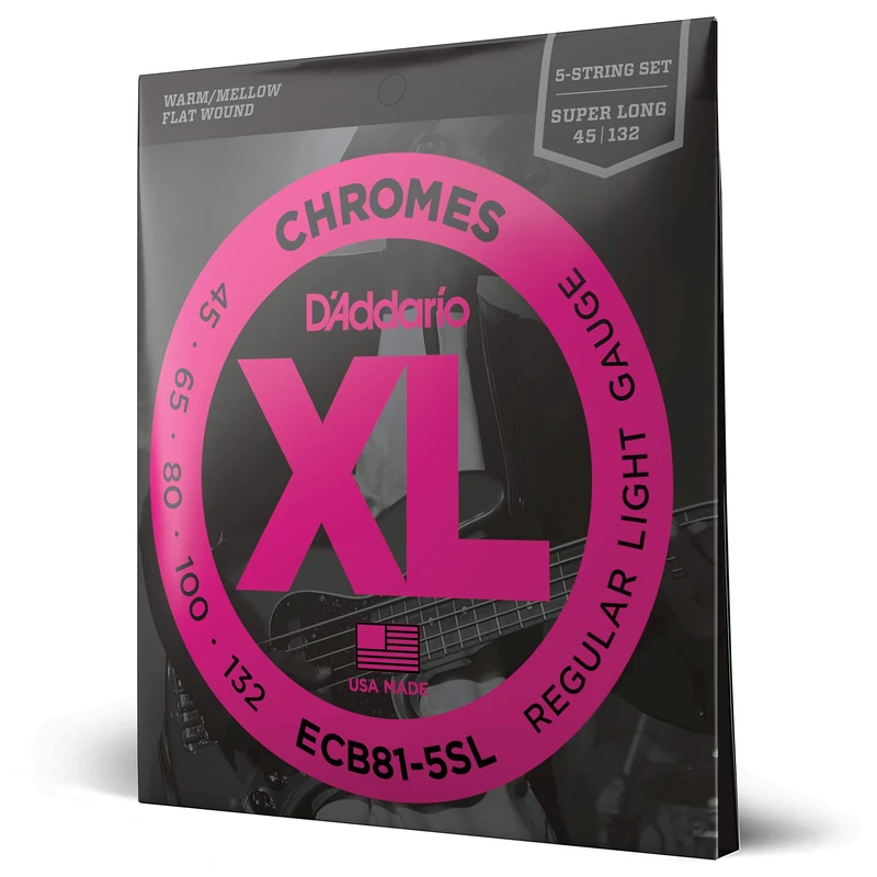 D'Addario XL Chromes Flat Wound Bass Guitar Strings - ECB81-5SL - 5 String - Super Long Scale - Regular Light, 45-132