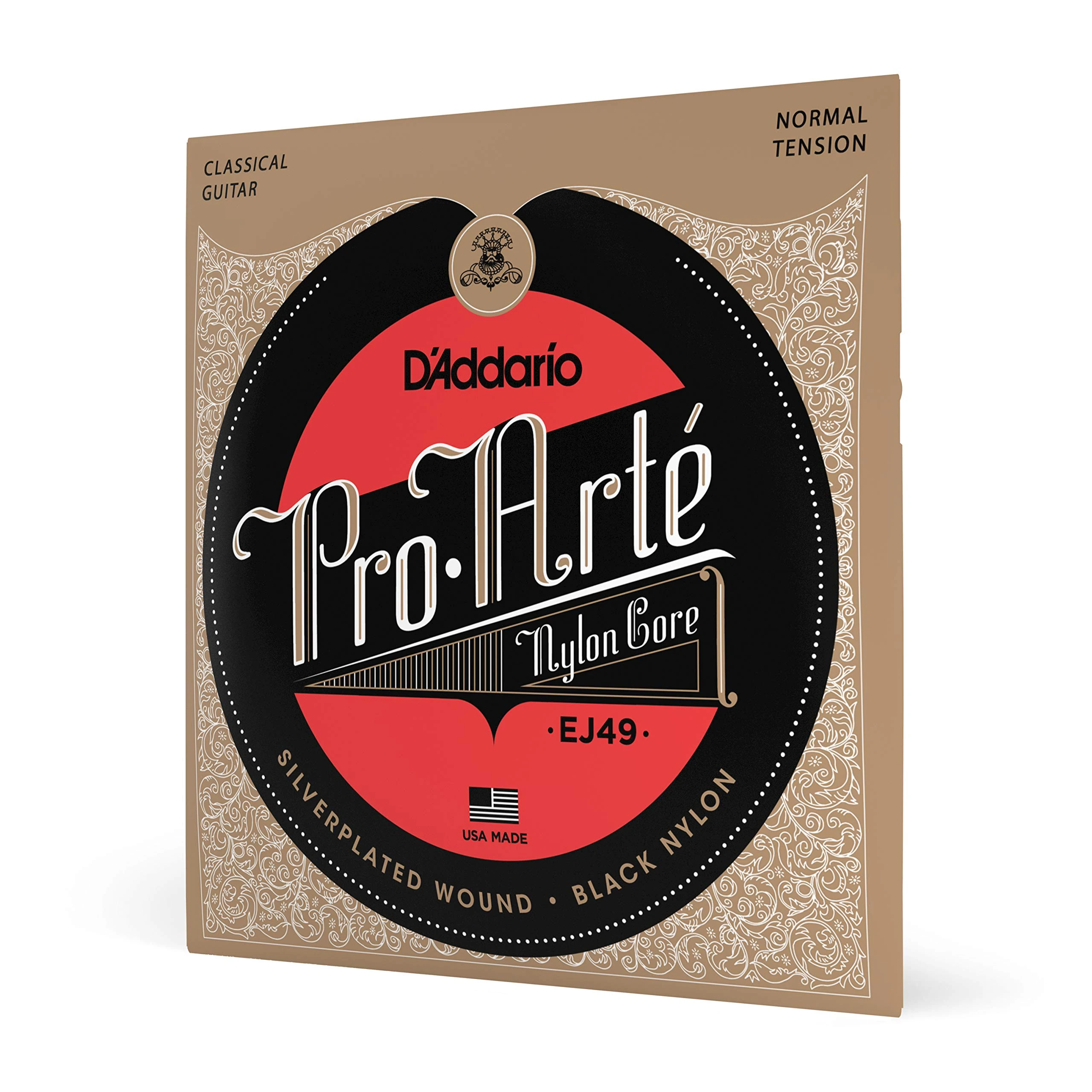D'Addario Guitar Strings - Pro-Arte Classical Guitar Strings - EJ49 - Nylon Guitar Strings - Silver Plated Wound, Black Nylon Core - Normal Tension