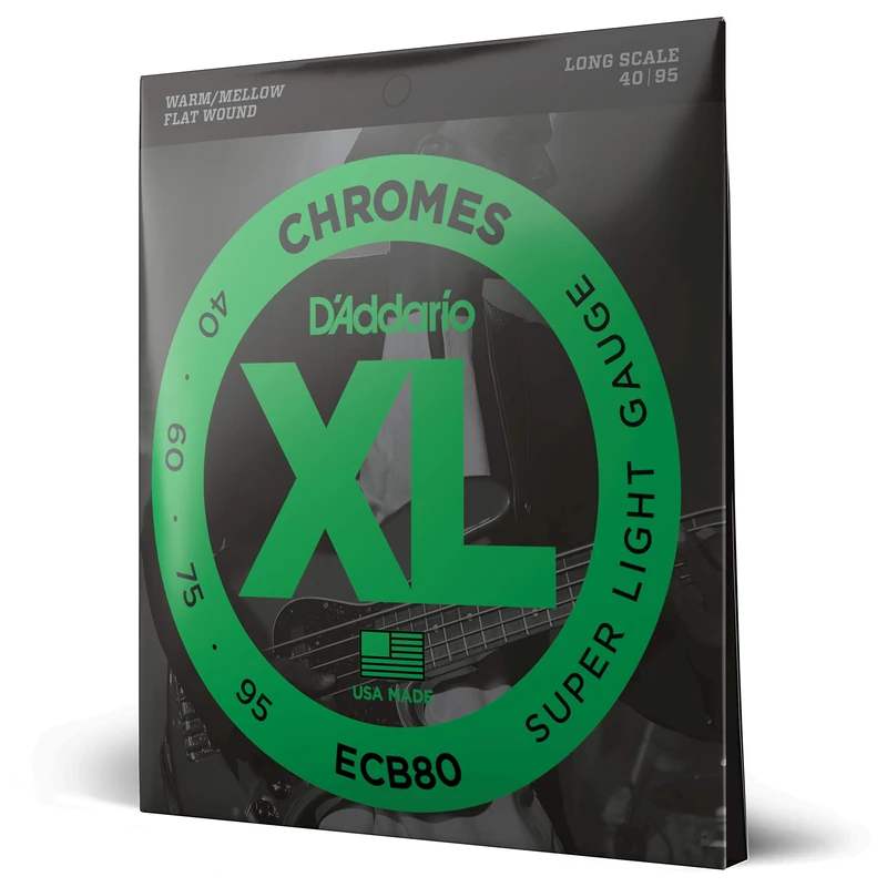 D'Addario XL Chromes Flat Wound Bass Guitar Strings - ECB80 - Long Scale - Super Light, 40-95