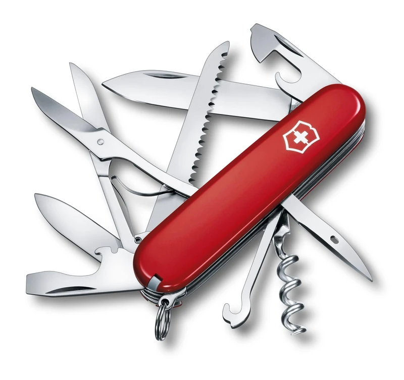 Victorinox Huntsman Swiss Army Knife, Medium, Multi Tool, Camping Knife, 15 Functions, Large Blade, Bottle Opener, Red Transparent