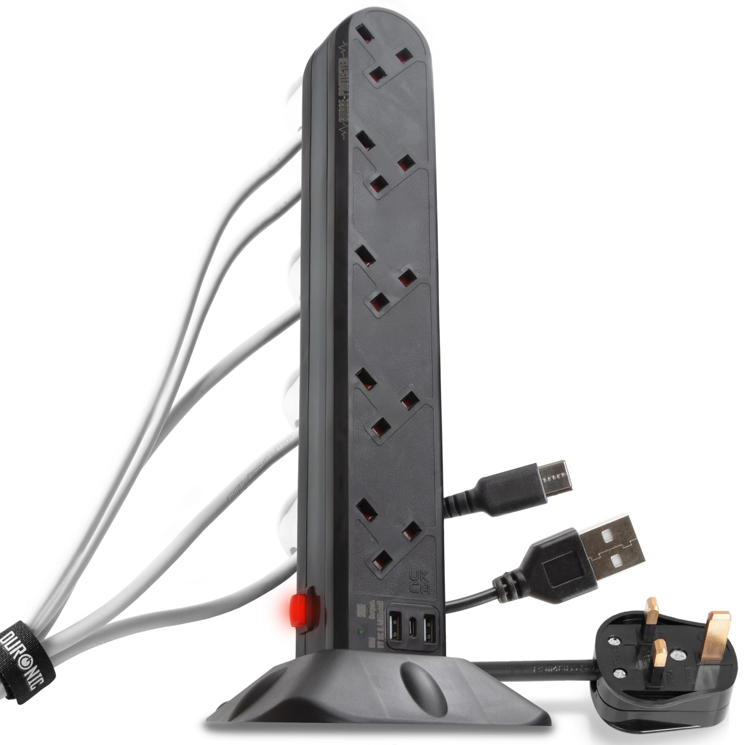 Duronic Surge Protected Extension Lead with USB ST10B Tower Extension Leads 10 Way Multi Plug Power Adapter for UK Plugs Long Black Extension Cords Power Strip Multiplug Socket for Home Office Kitchen