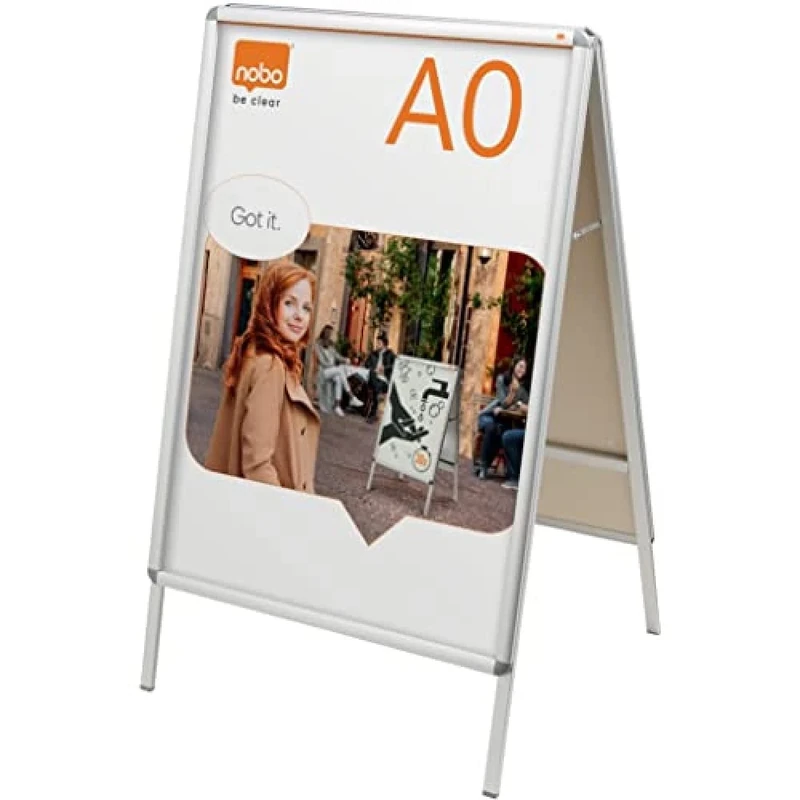 Nobo A0 A-Board Sign Holder With Snap Frame, Free-Standing, Double-Sided, Aluminium Trim, Anti-Glare Protective Cover, Premium Plus, Silver, 1902204