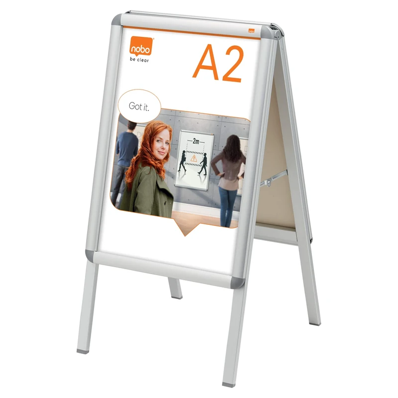 Nobo A2 A-Board Sign Holder With Snap Frame, Free-Standing, Double-Sided, Aluminium Trim, Anti-Glare Protective Cover, Premium Plus, Silver, 1902207