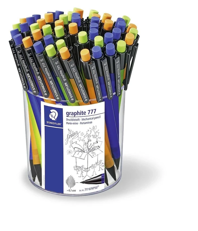 Staedtler Staedtler Refill, 777 07KP50 Mechanical Pencil Graphite Filled with B Refill Diameter 0.7 mm Pack of 3 Assorted Barrel Colours (Blue/Orange/Green), 50 Pieces in Case