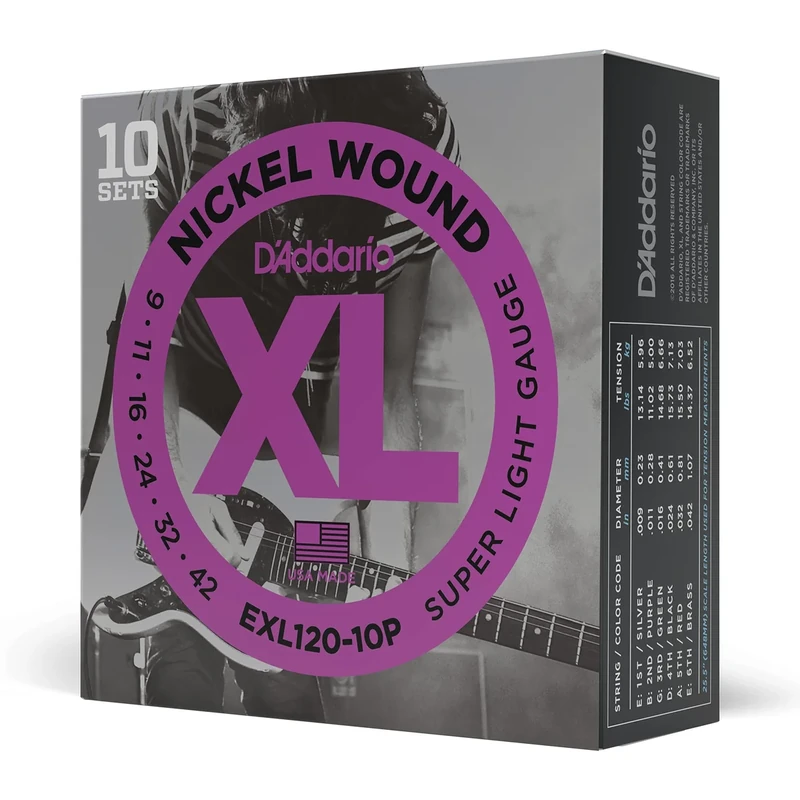 D'Addario EXL120-10P Nickel Wound Electric Guitar Strings, Super Light, 9-42, 10 Sets