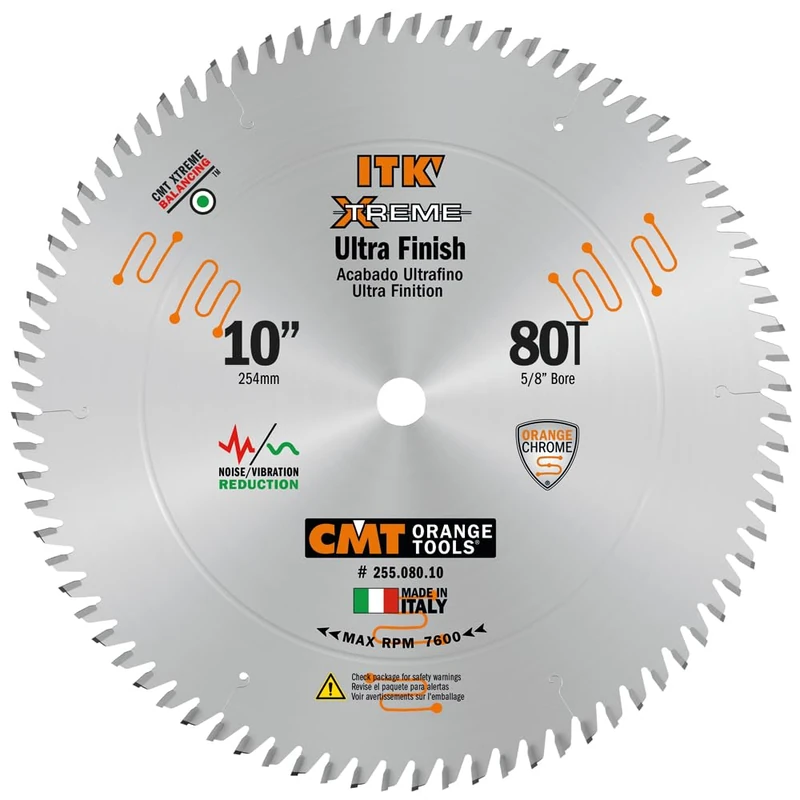 CMT 255.080.10 ITK Industrial Fine Finish Saw Blade, 10-Inch x 80 Teeth 40° ATB Grind with 5/8-Inch Bore